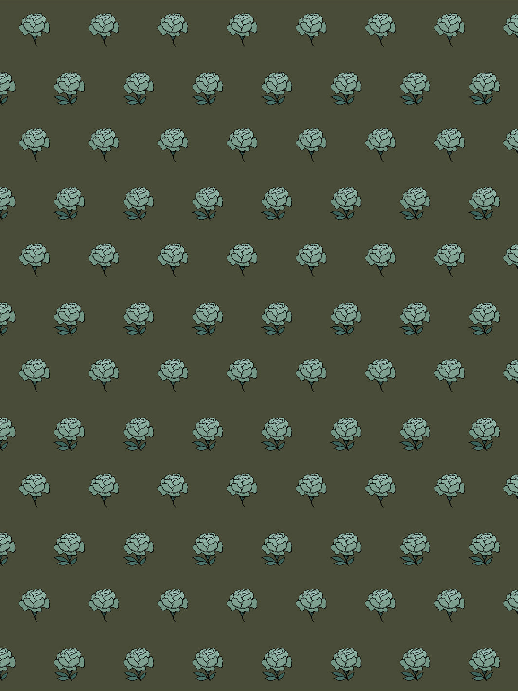 Peony Party wallpaper: sage teal peonies with dark teal leaves on a deep olive moss ground