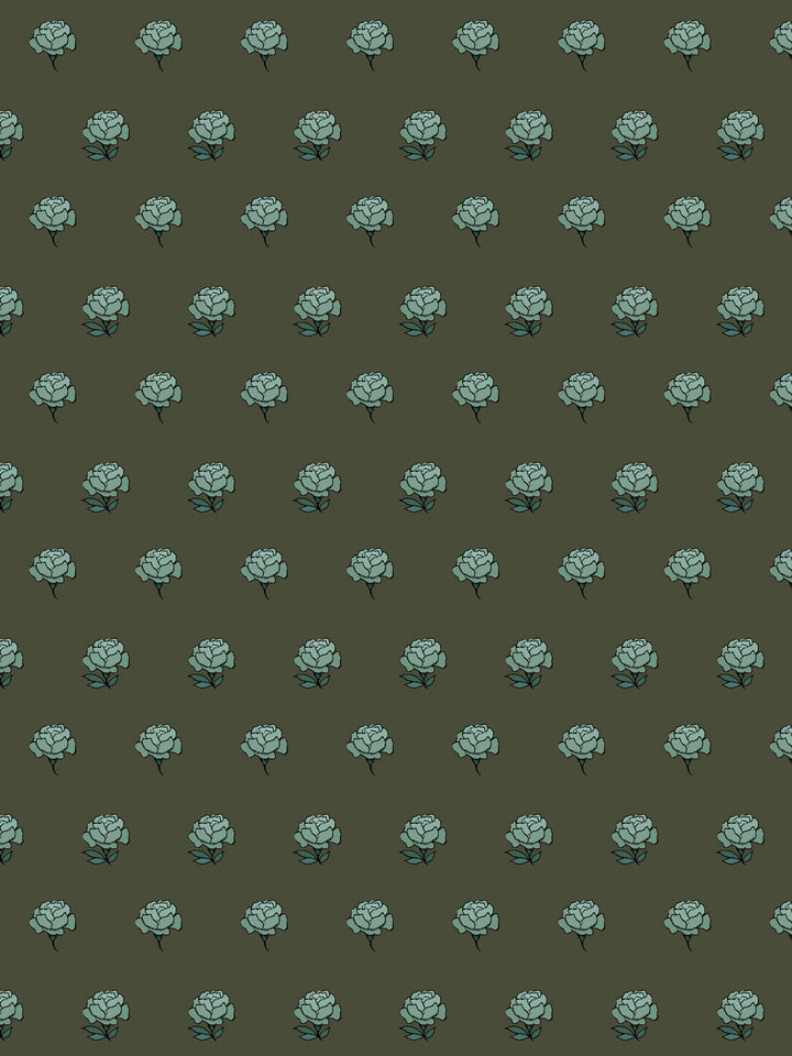 Peony Party wallpaper: sage teal peonies with dark teal leaves on a deep olive moss ground