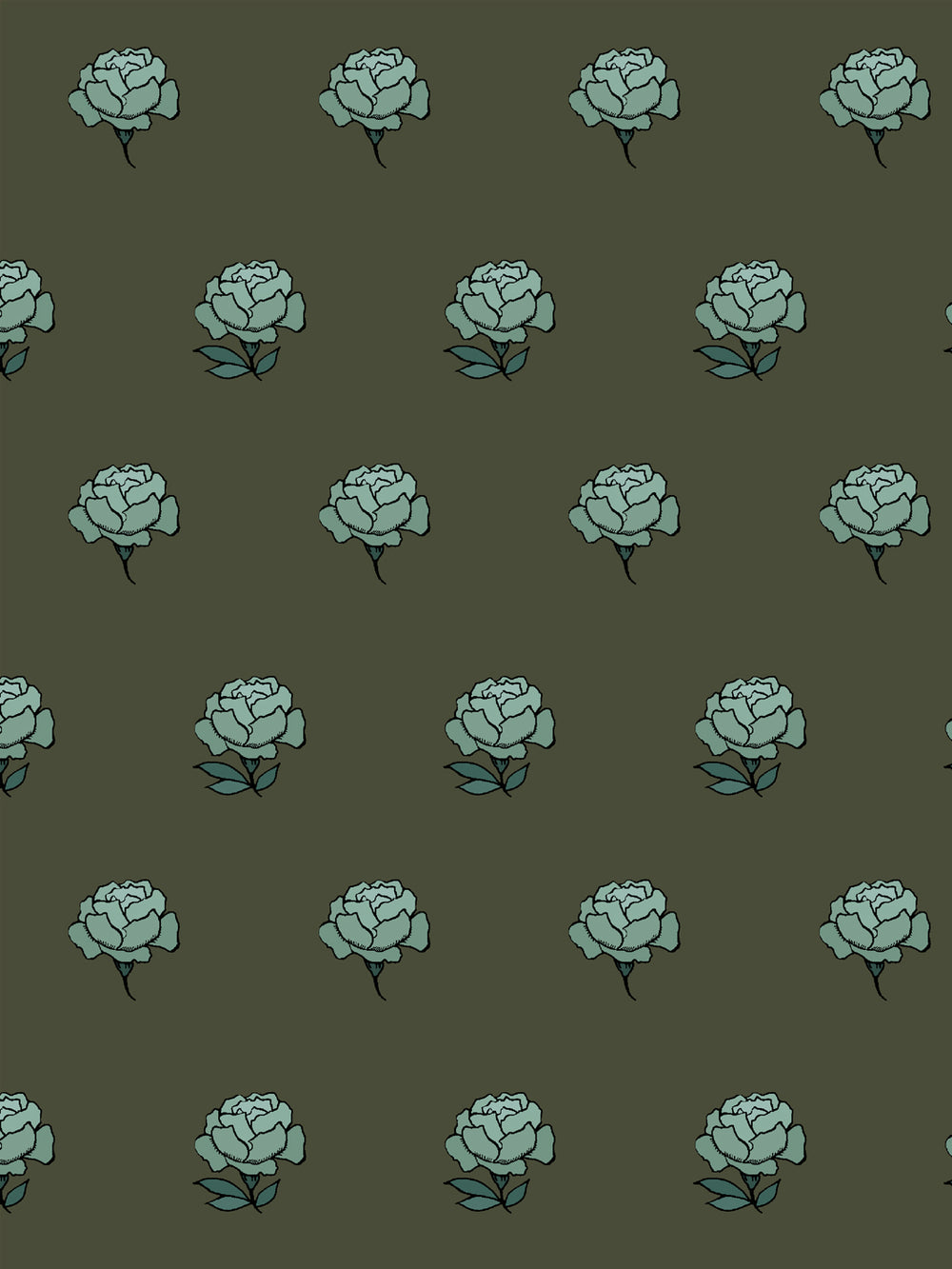 Close crop of soft sage teal green peony heads on dark olive moss green