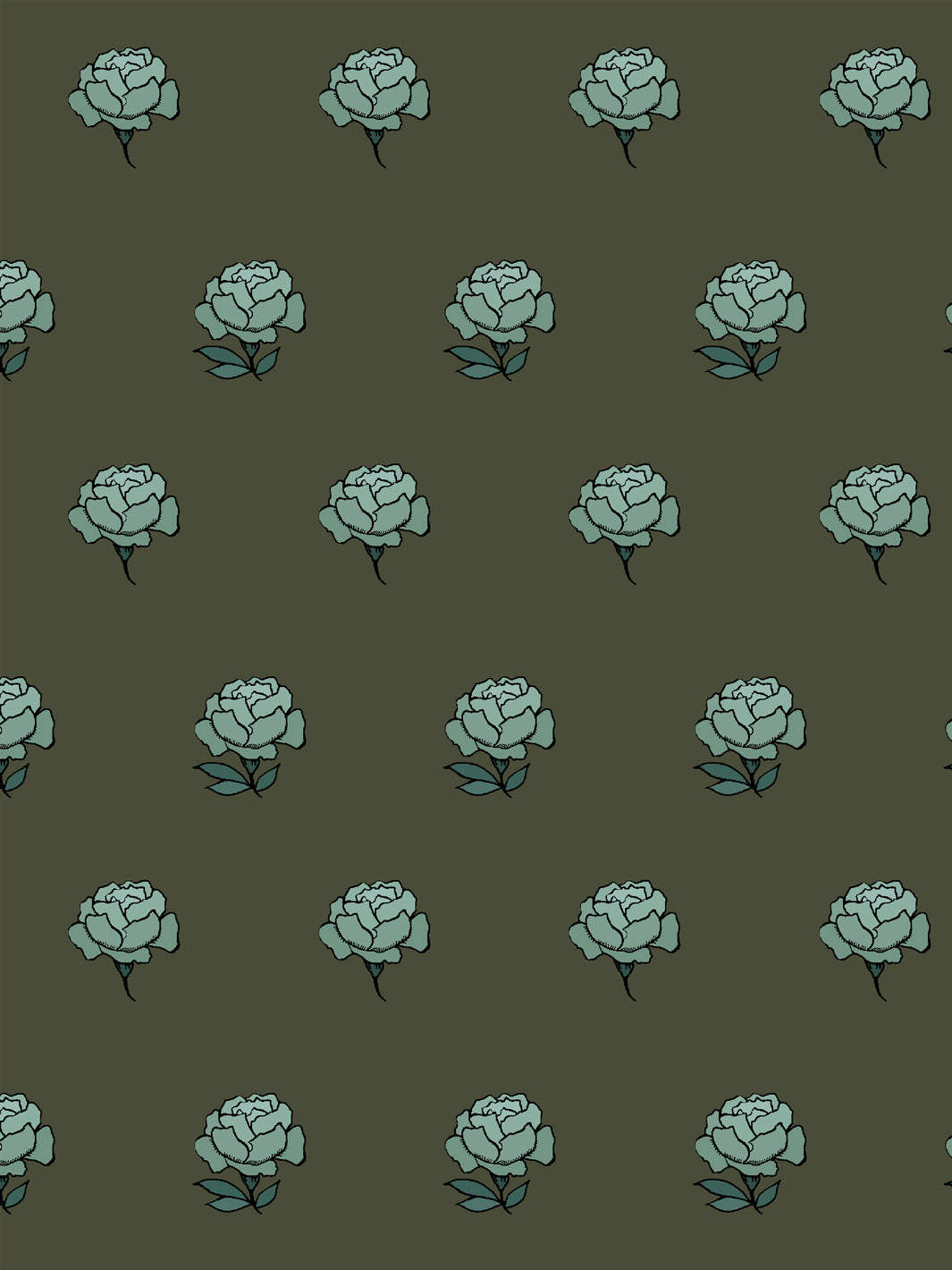 Close crop of soft sage teal green peony heads on dark olive moss green