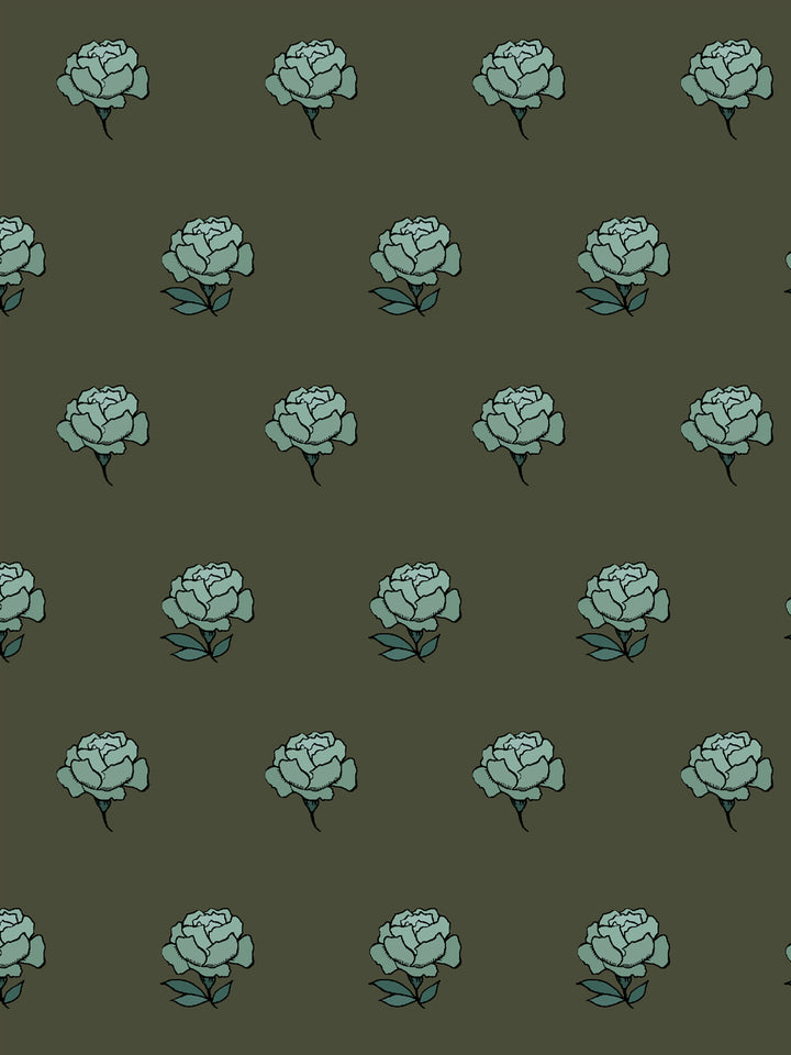 Close crop of soft sage teal green peony heads on dark olive moss green