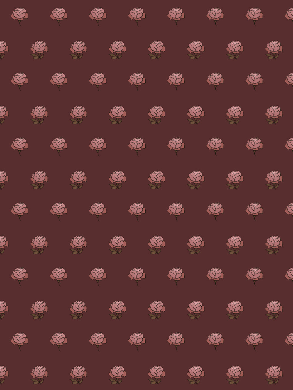 Peony Party wallpaper: dusty rose peonies with olive brown leaves on a deep oxblood maroon ground