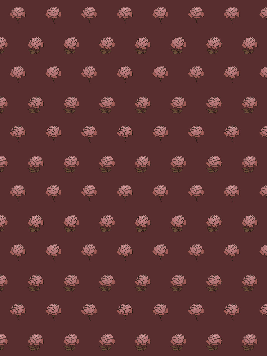 Peony Party wallpaper: dusty rose peonies with olive brown leaves on a deep oxblood maroon ground
