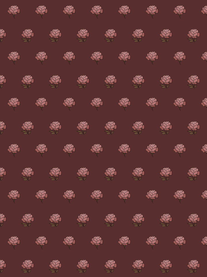 Peony Party wallpaper: dusty rose peonies with olive brown leaves on a deep oxblood maroon ground