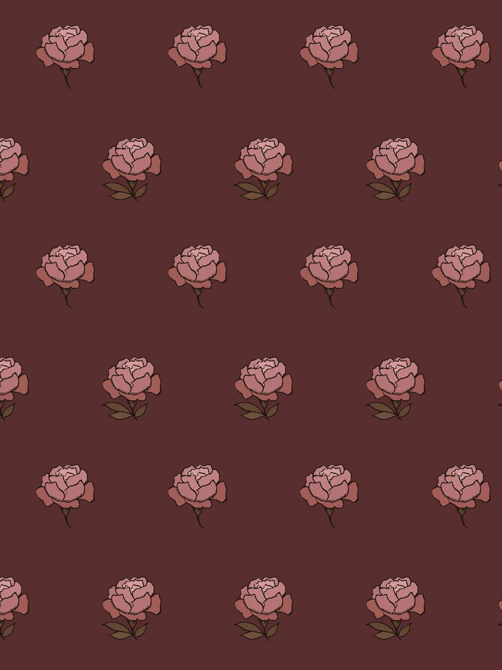 Close crop of dusty rose pink peony heads on deep oxblood maroon brown