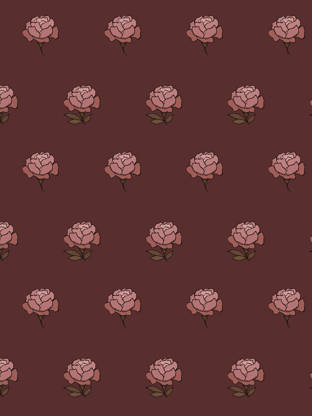 Close crop of dusty rose pink peony heads on deep oxblood maroon brown