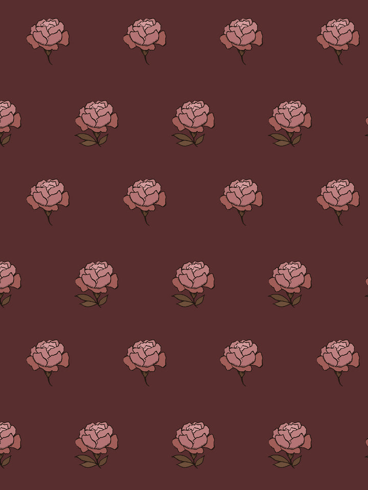 Close crop of dusty rose pink peony heads on deep oxblood maroon brown