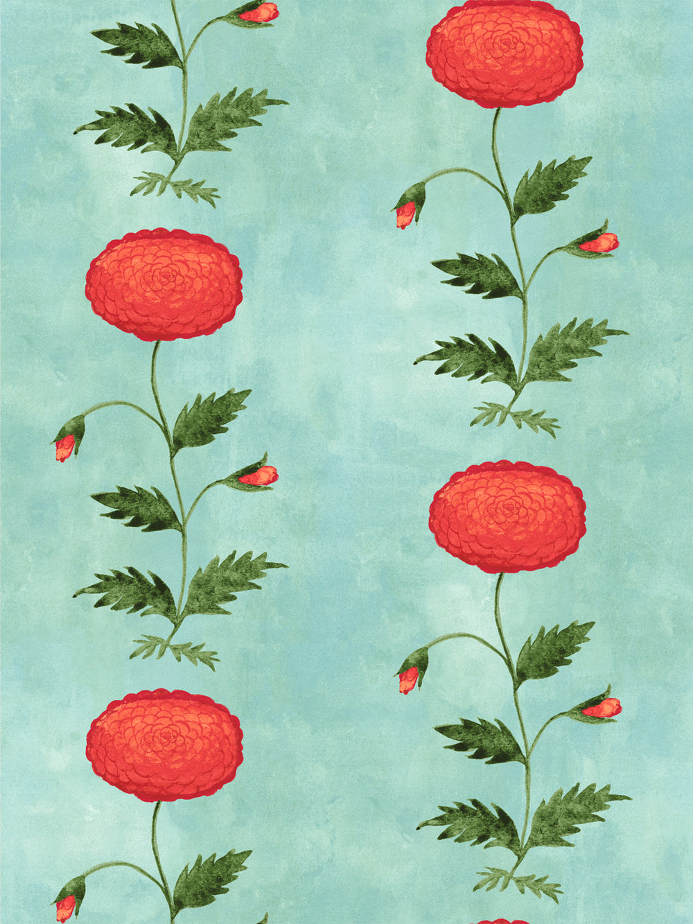 Blue wallpaper with red flowers, green leaves, and small bird accents