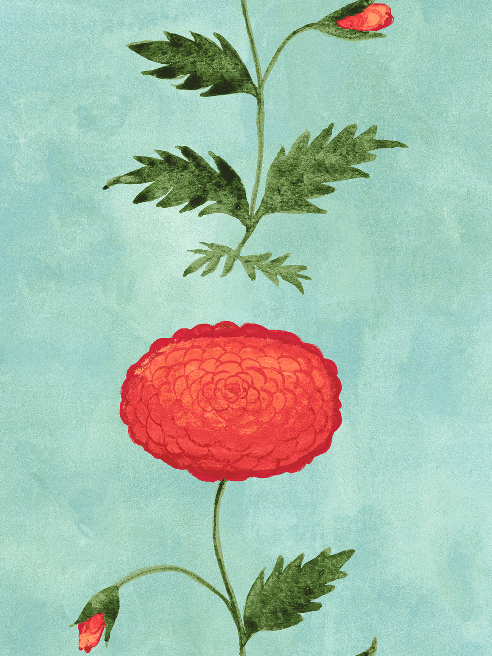 Close-up wallpaper showing red-orange blossoms, green leaves, and tiny bird faces