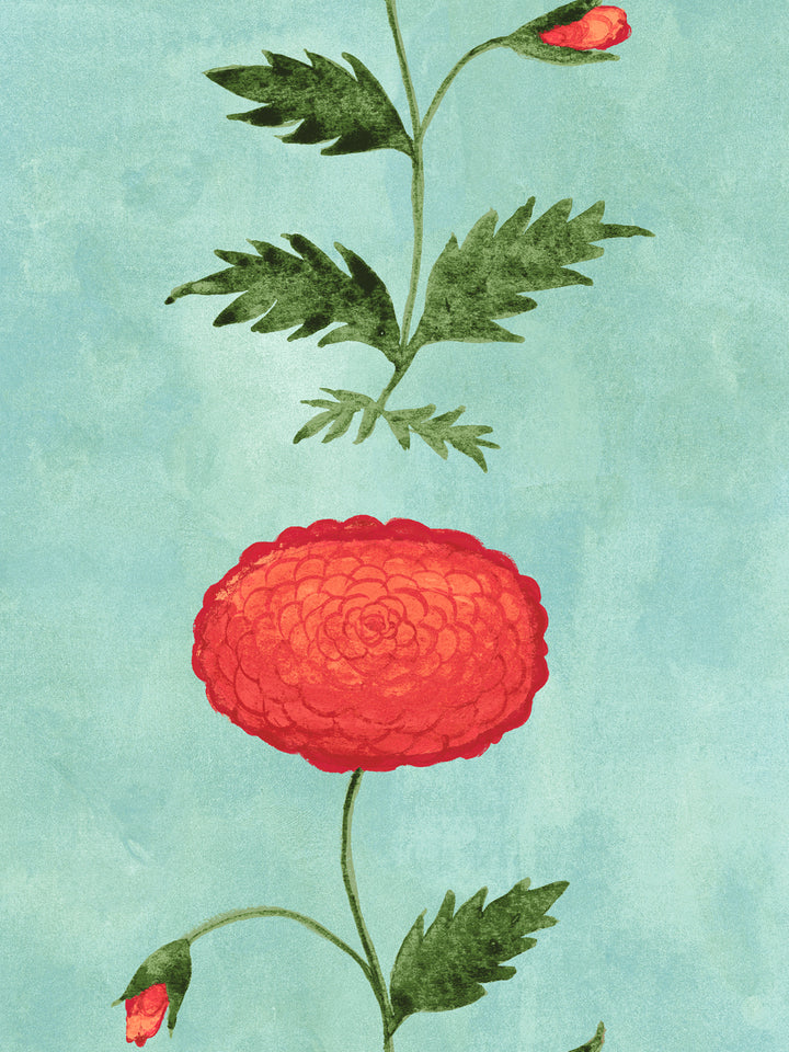 Close-up wallpaper showing red-orange blossoms, green leaves, and tiny bird faces