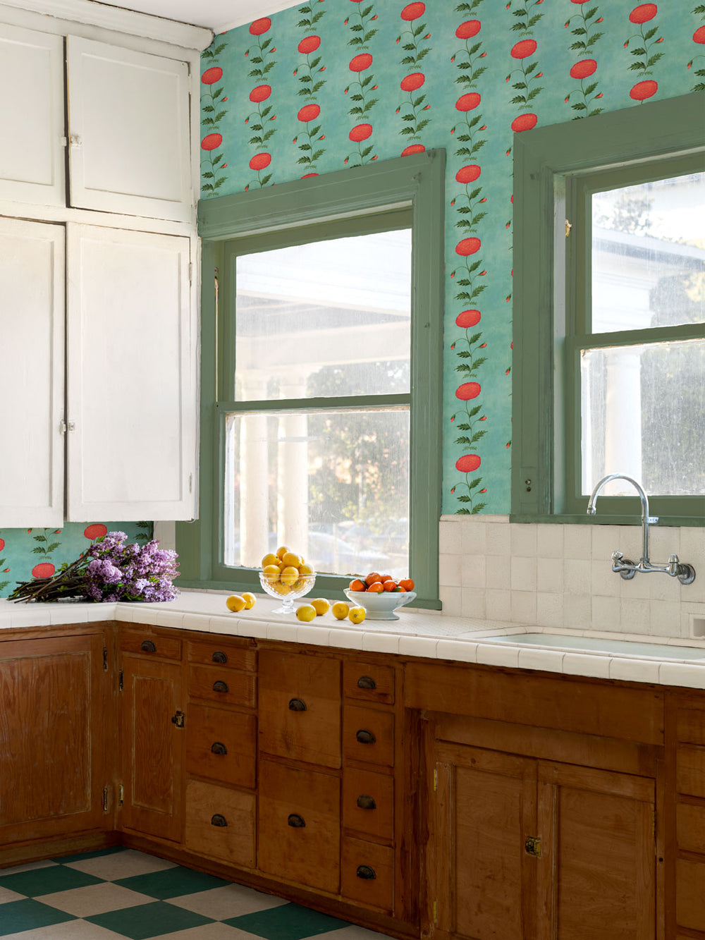 Kitchen wall wallpaper with aqua background and red flowers with green leaves