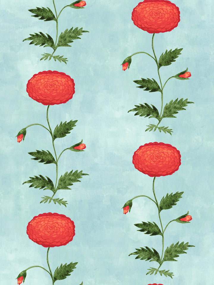 Blue botanical wallpaper pattern with red blossoms and green stems, repeating design