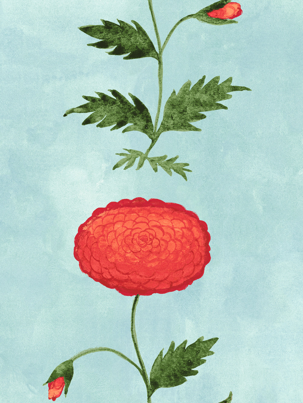 Blue botanical wallpaper with large red blossom and green leaves, close-up