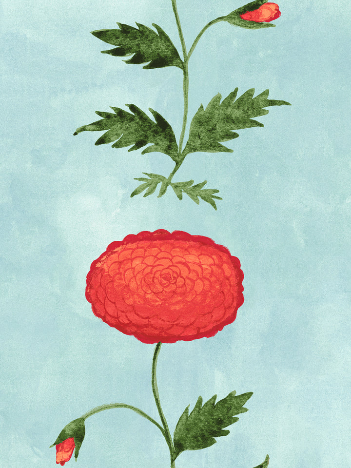 Blue botanical wallpaper with large red blossom and green leaves, close-up