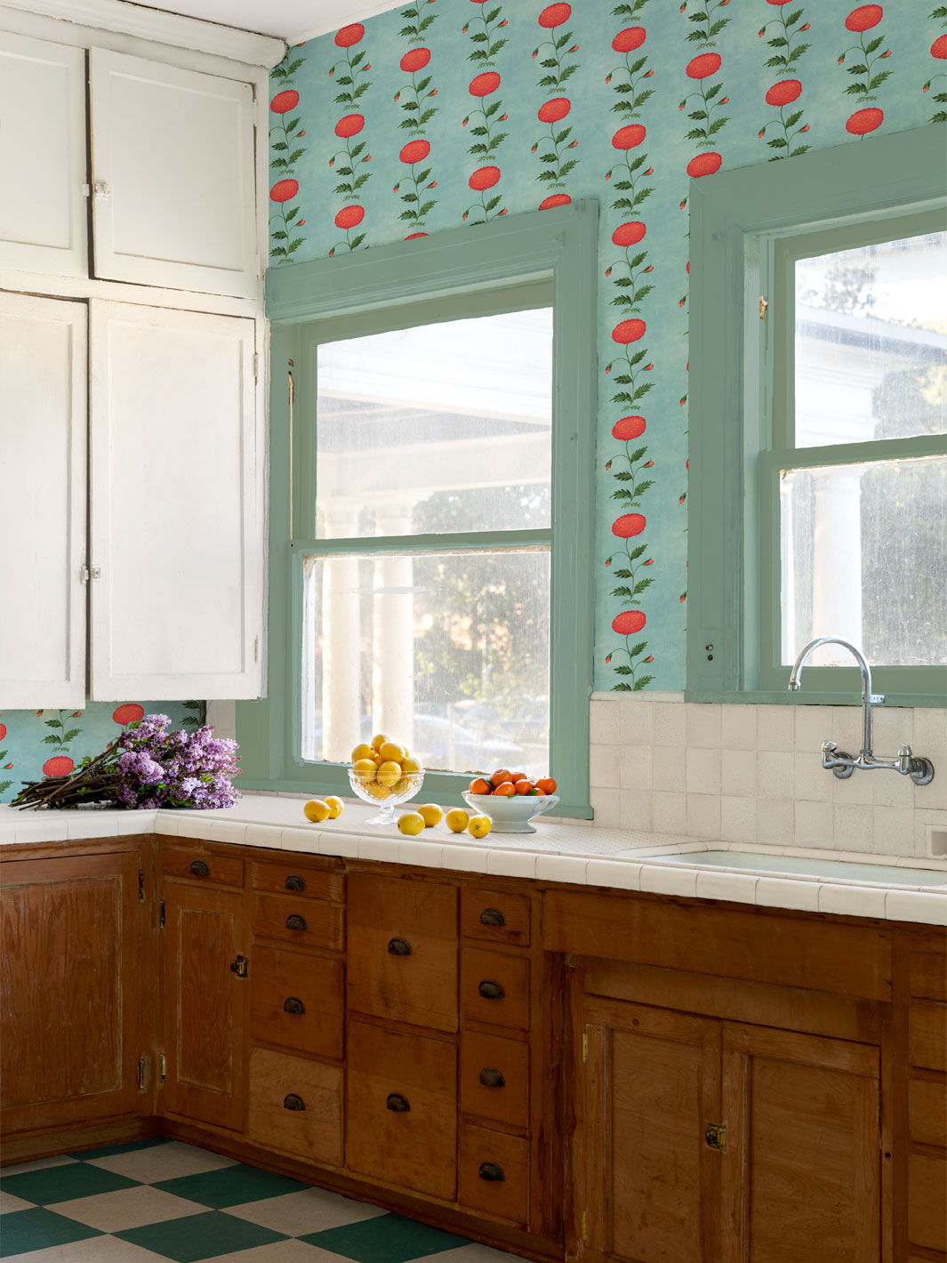 Blue botanical wallpaper with red blossoms and green leafy stems on a wall