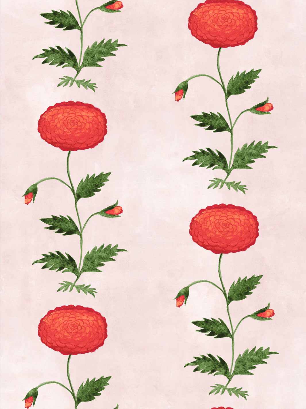 Blush pink floral wallpaper pattern with red persimmon-like blooms and green leaves.