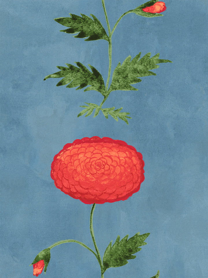 Floral wallpaper: red flower heads with green stems and leaves on blue
