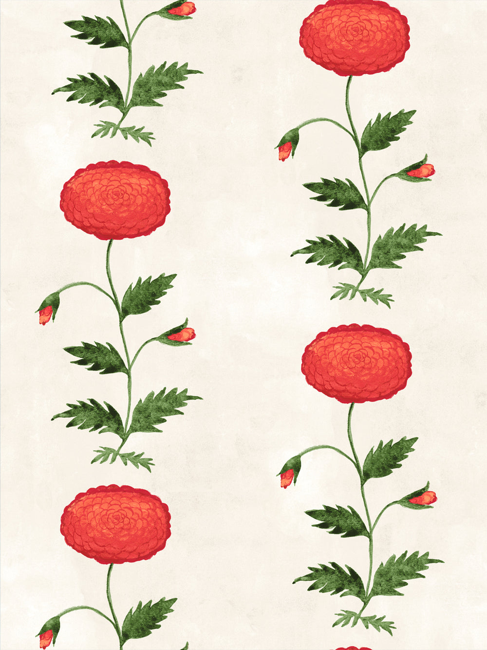 Ivory floral wallpaper with red persimmon blossoms, green stems, and leaf pattern