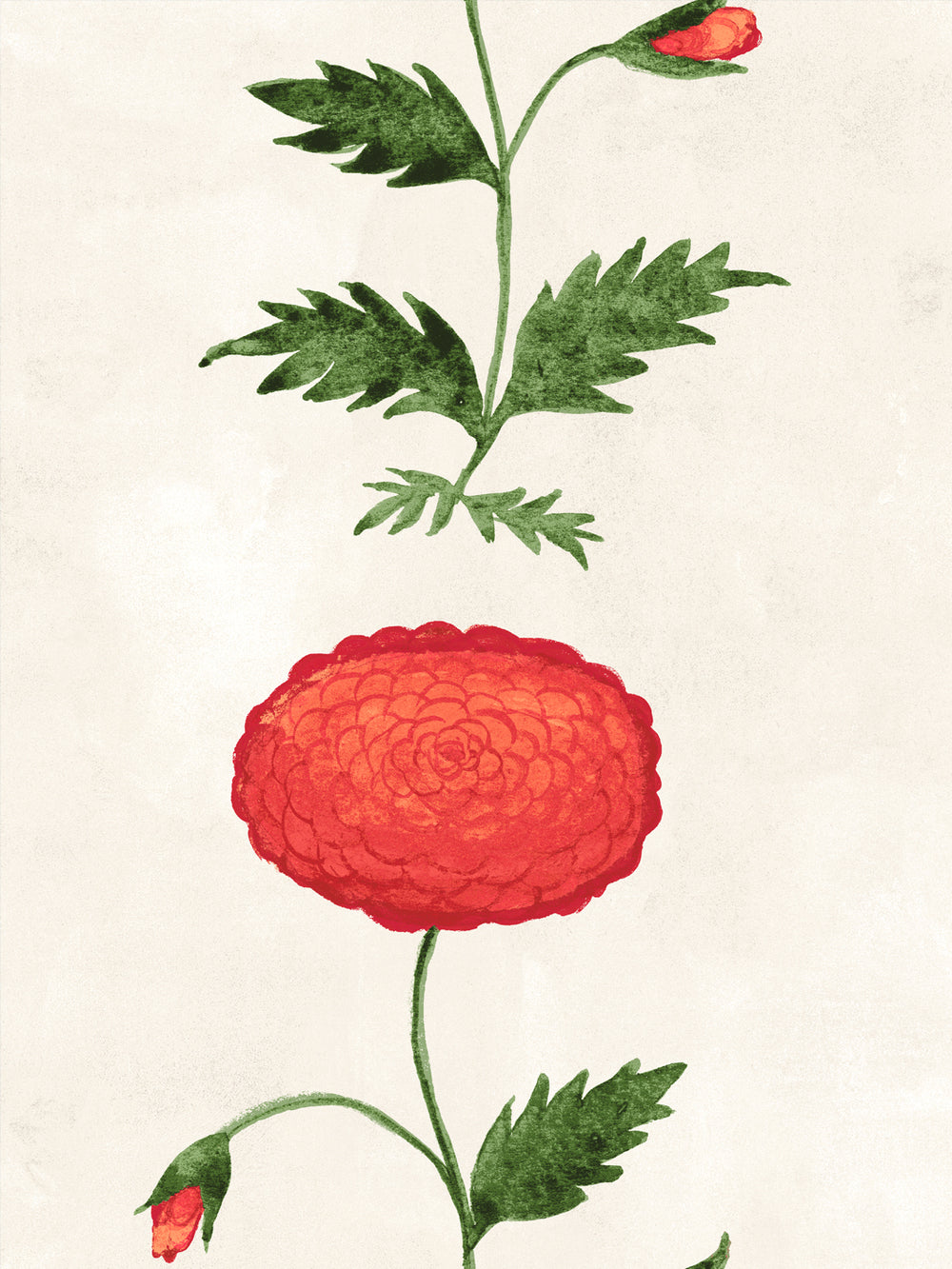 Ivory wallpaper close-up of red persimmon blossom and green vine leaf pattern