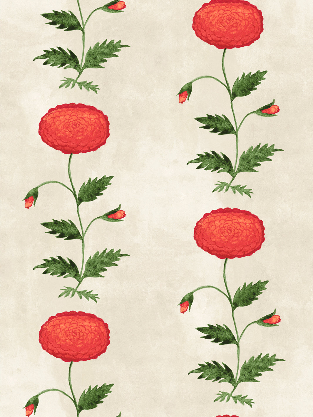 Floral wallpaper pattern: red persimmon blooms, green leaves, bird accents on parchment
