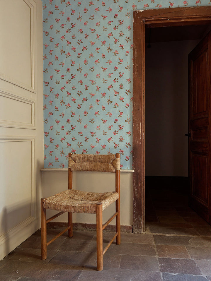 'Petit Rosebud' Wallpaper by Clare V. - Antique Blue