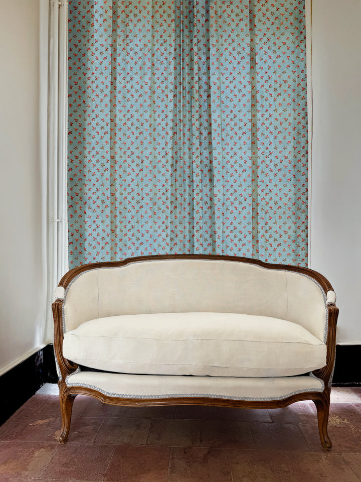 'Petit Rosebud' Linen Fabric by Clare V. - Antique Blue