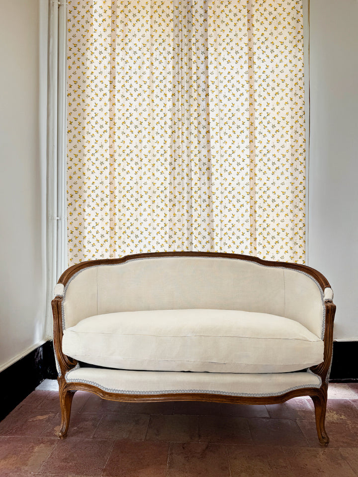 'Petit Rosebud' Linen Fabric by Clare V. - Yellow Green