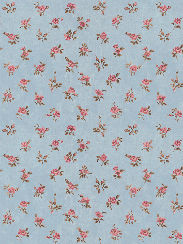 'Petit Rosebud' Linen Fabric by Clare V. - Antique Blue