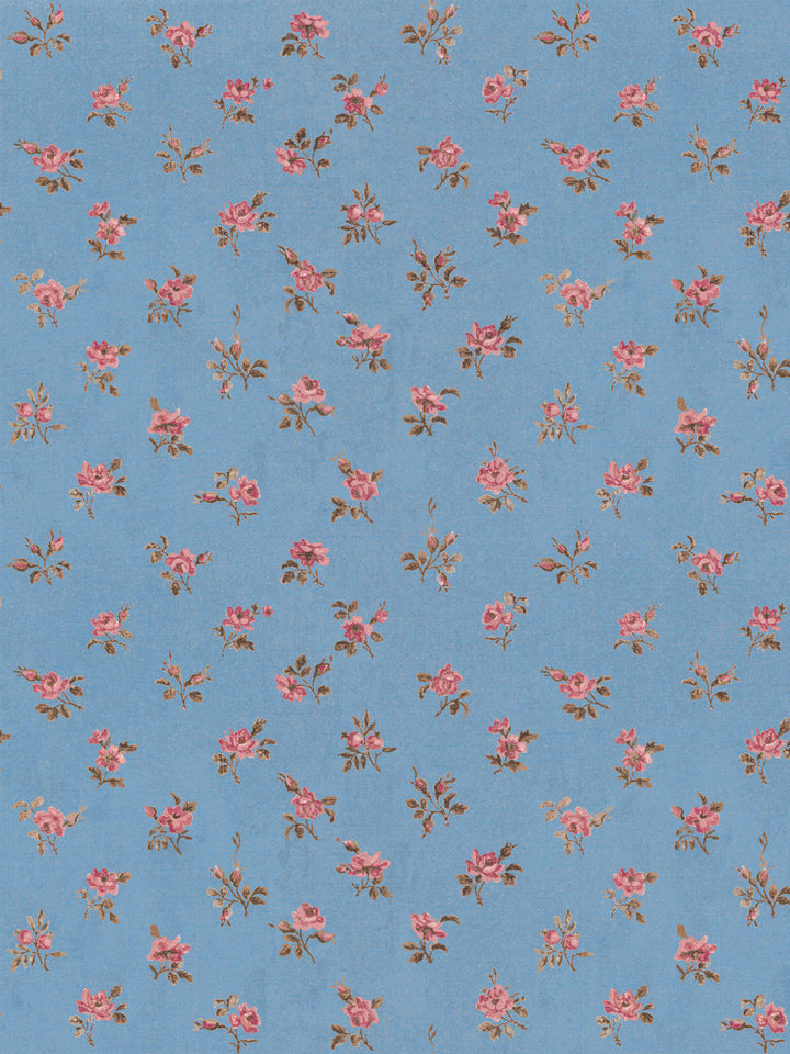 'Petit Rosebud' Linen Fabric by Clare V. - Azure Rose