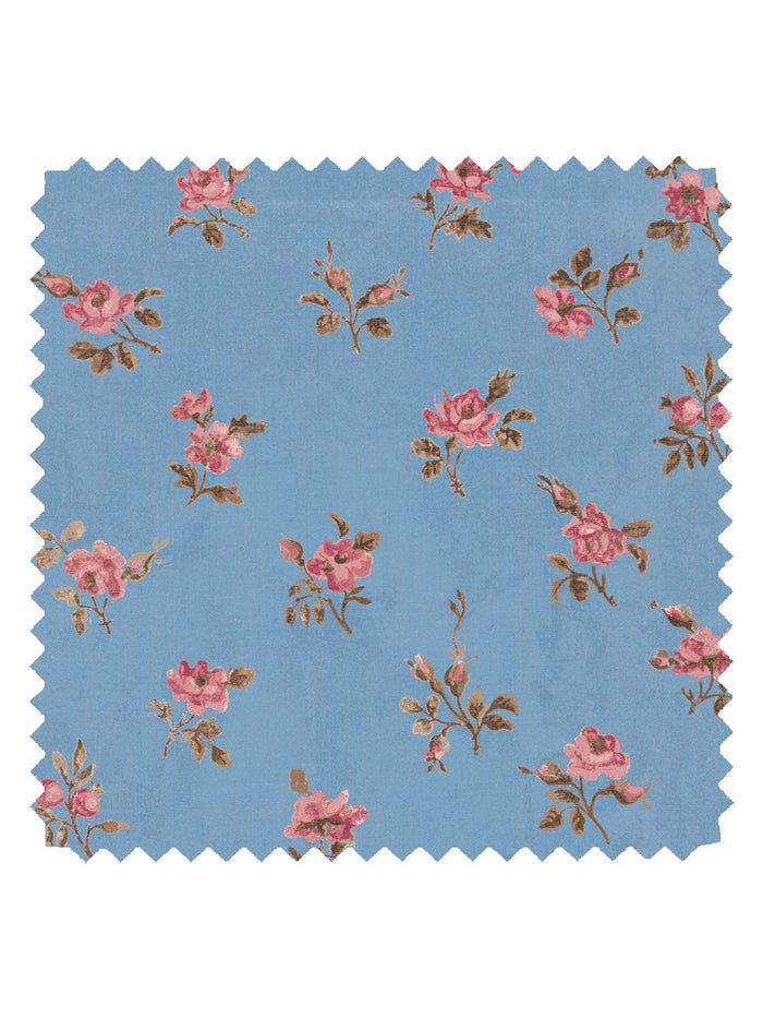 'Petit Rosebud' Linen Fabric by Clare V. - Azure Rose