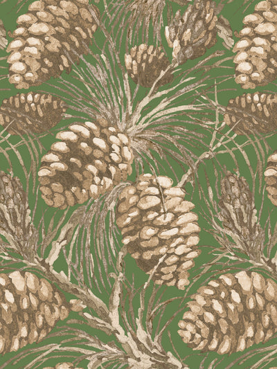 'Pinecones' Wallpaper by Nathan Turner - Taupe on Green