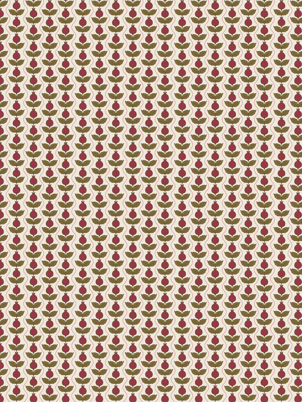Pomara Bloom wallpaper in Antique Crimson Olive: crimson pomegranates and olive leaves on cream