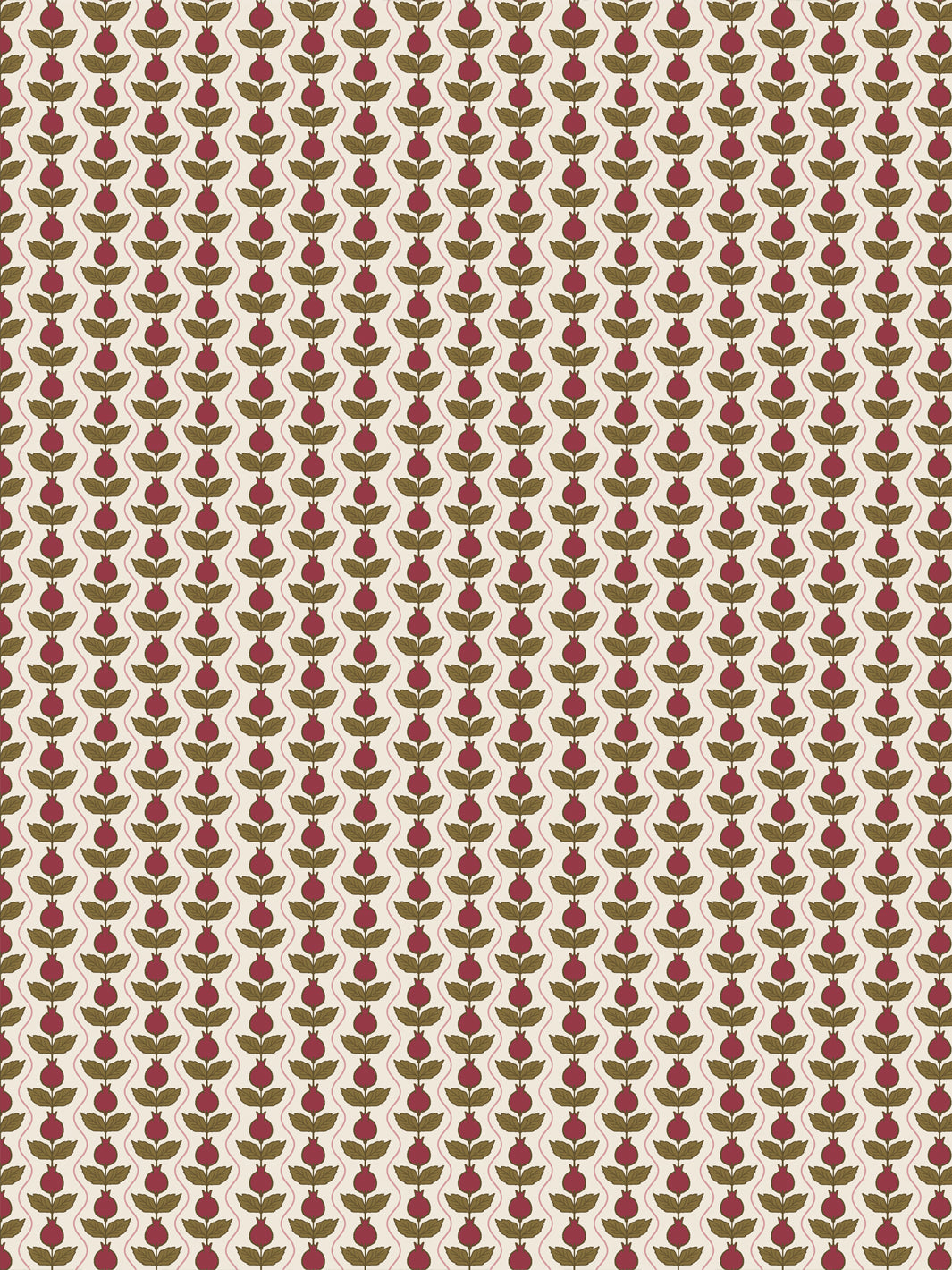Pomara Bloom wallpaper in Antique Crimson Olive: crimson pomegranates and olive leaves on cream