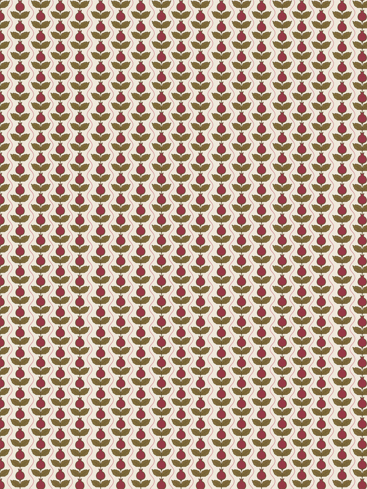 Pomara Bloom wallpaper in Antique Crimson Olive: crimson pomegranates and olive leaves on cream
