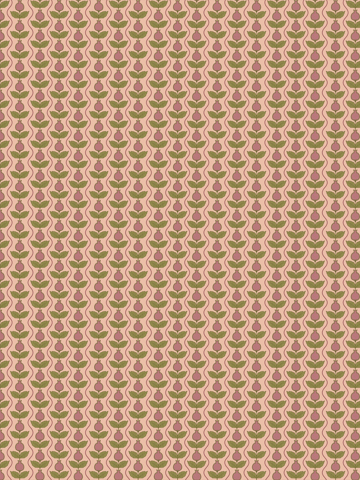 Pomara Bloom wallpaper in Autumn Apricot: rose pomegranates and olive leaves on a peach ground