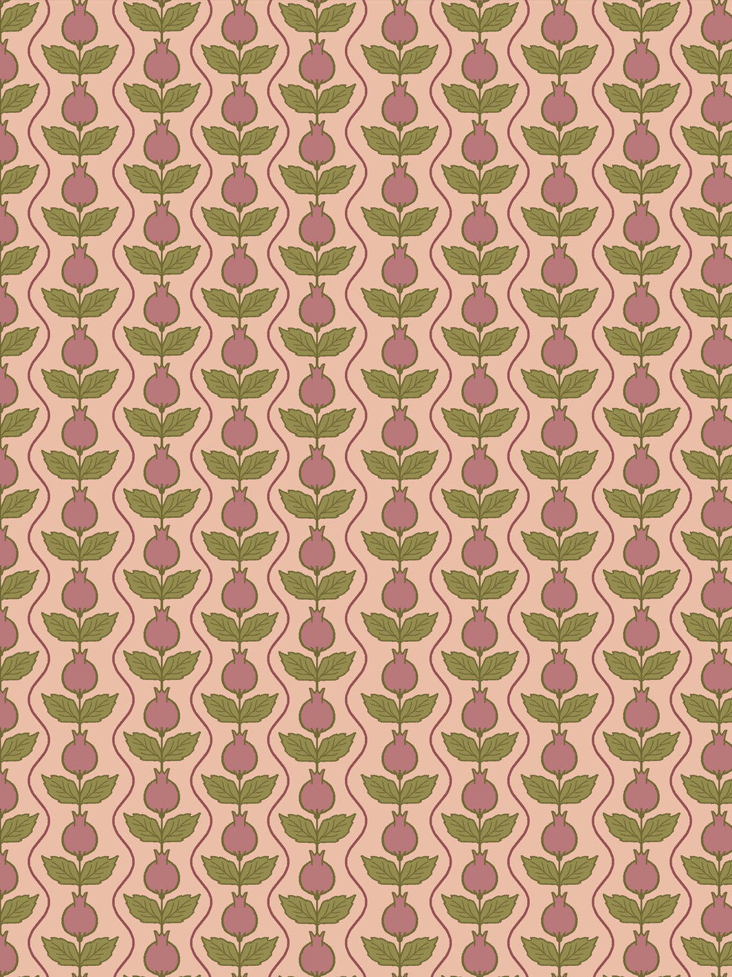 Close crop of dusty rose-mauve pomegranate columns on soft apricot-peach