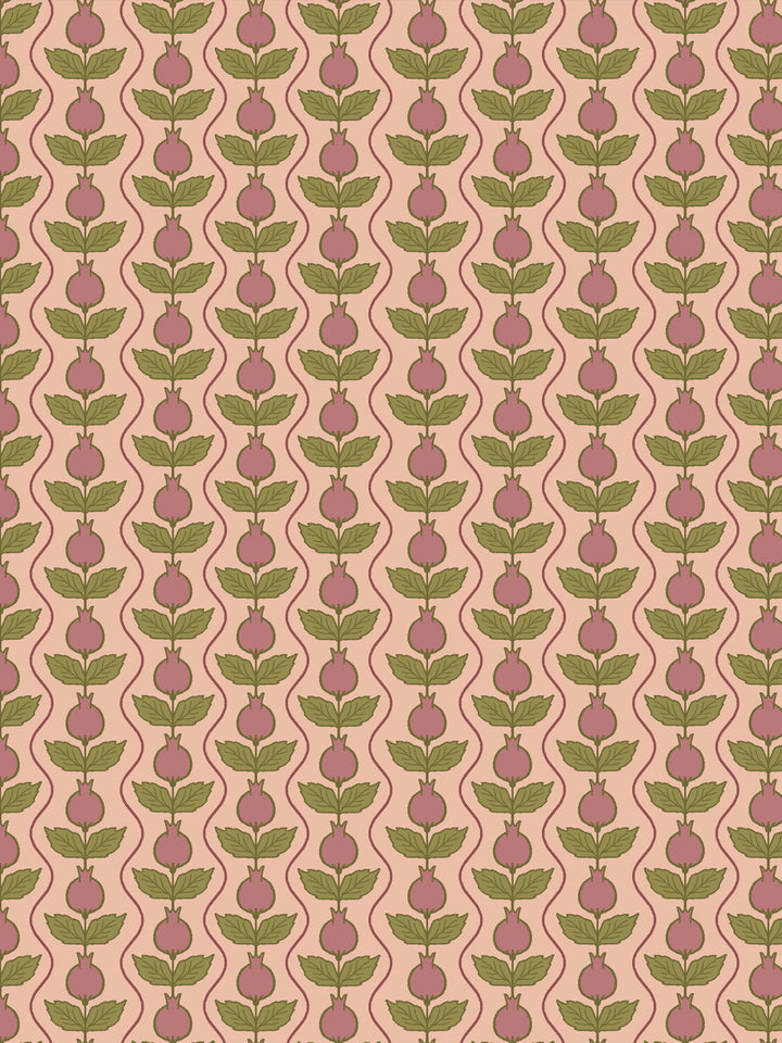 Close crop of dusty rose-mauve pomegranate columns on soft apricot-peach