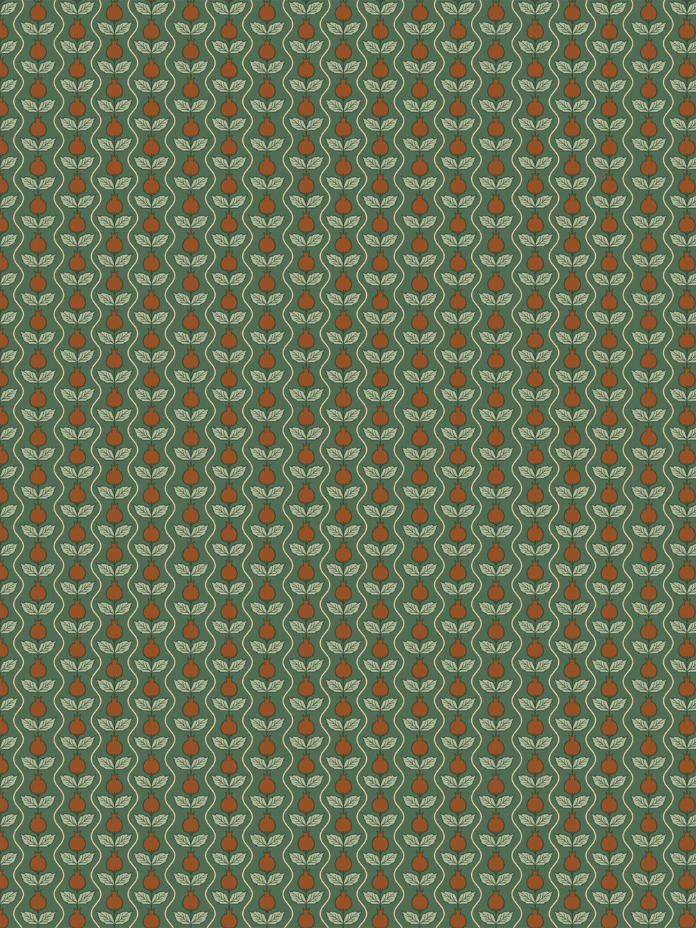 Pomara Bloom wallpaper in Buttercup Forest: rust pomegranates and pale sage leaves on forest green
