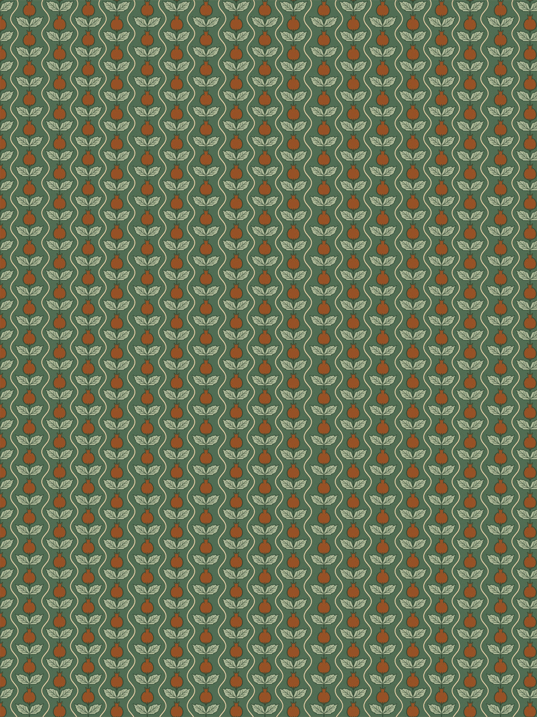 Pomara Bloom wallpaper in Buttercup Forest: rust pomegranates and pale sage leaves on forest green