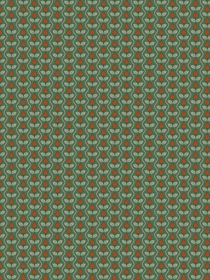 Pomara Bloom wallpaper in Buttercup Forest: rust pomegranates and pale sage leaves on forest green