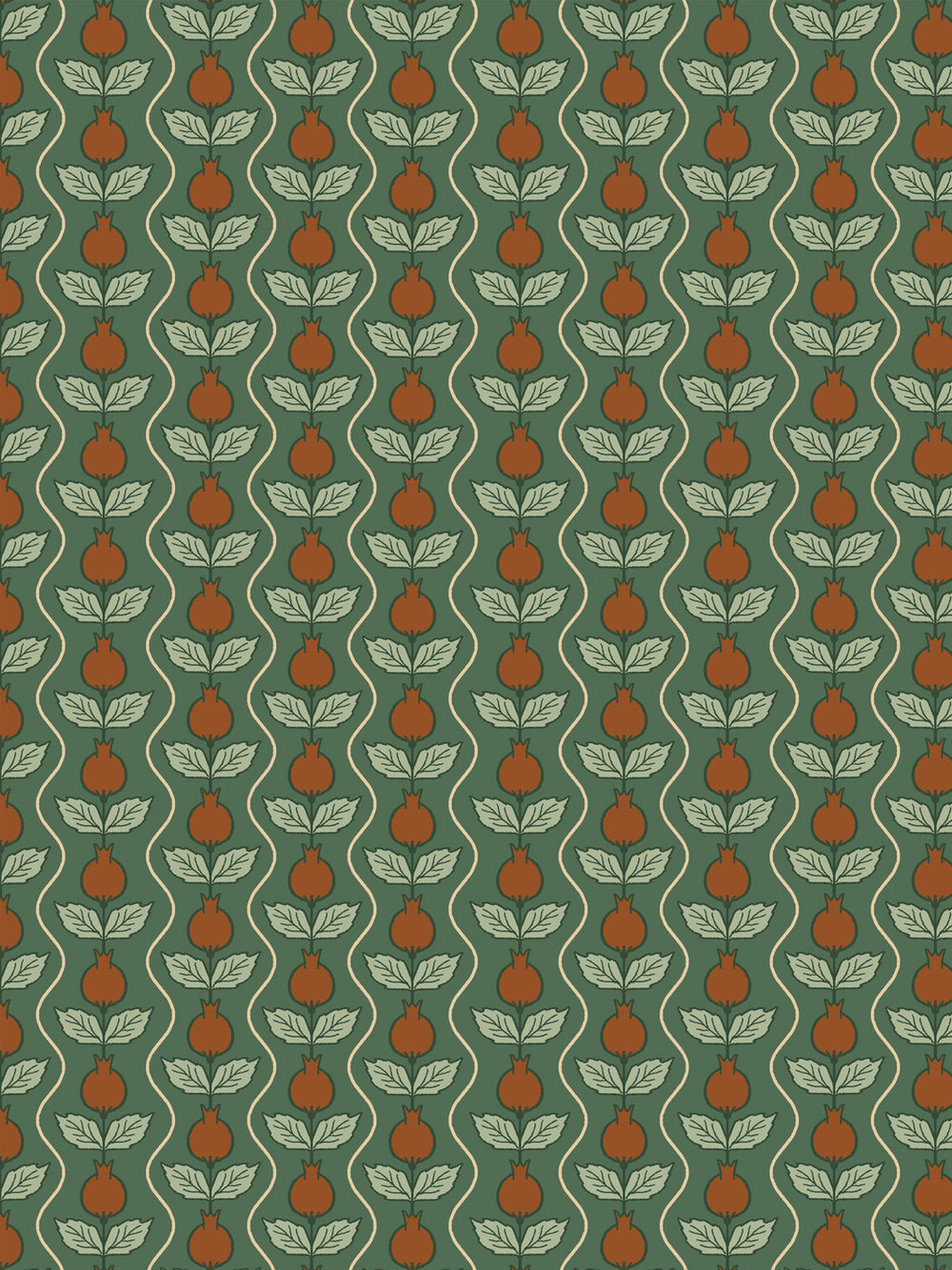 Close crop of rust burnt-orange pomegranate columns on deep forest green