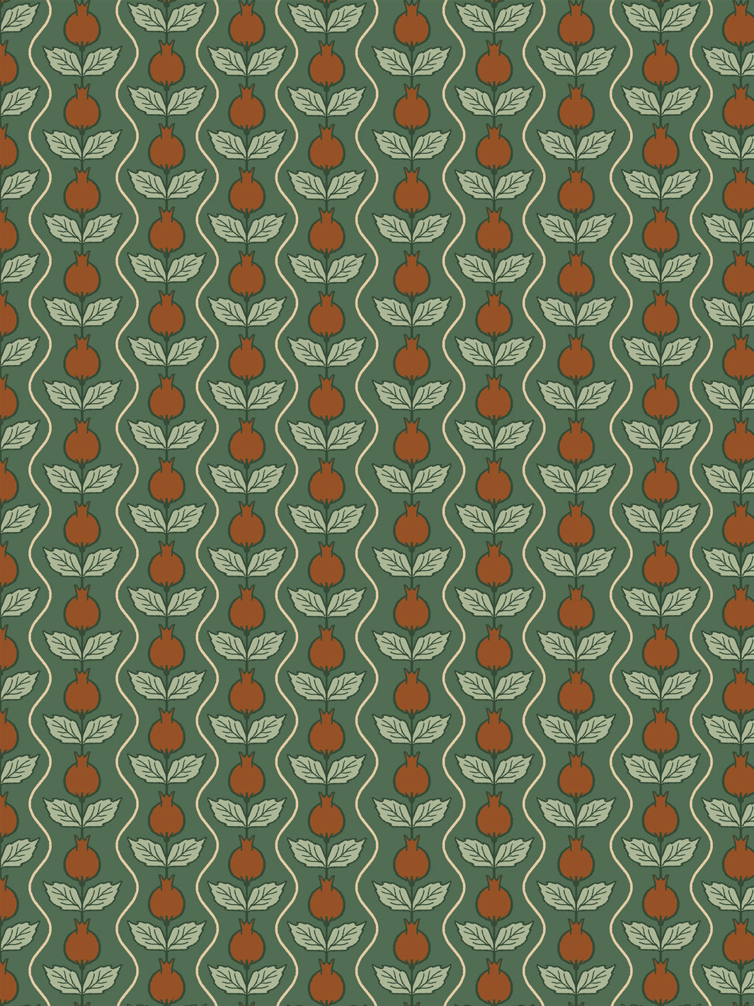 Close crop of rust burnt-orange pomegranate columns on deep forest green