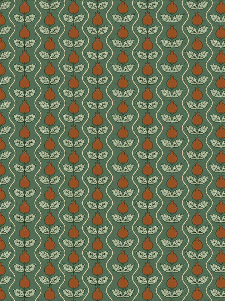 Close crop of rust burnt-orange pomegranate columns on deep forest green
