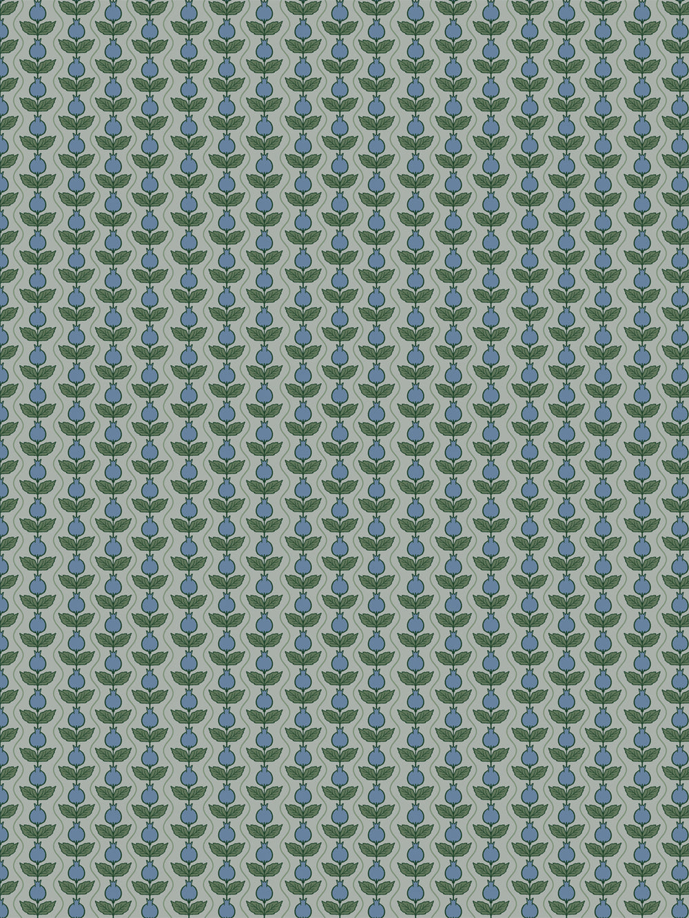 Pomara Bloom wallpaper in Overcast Garden: slate-blue pomegranates and dark green leaves on grey-sage
