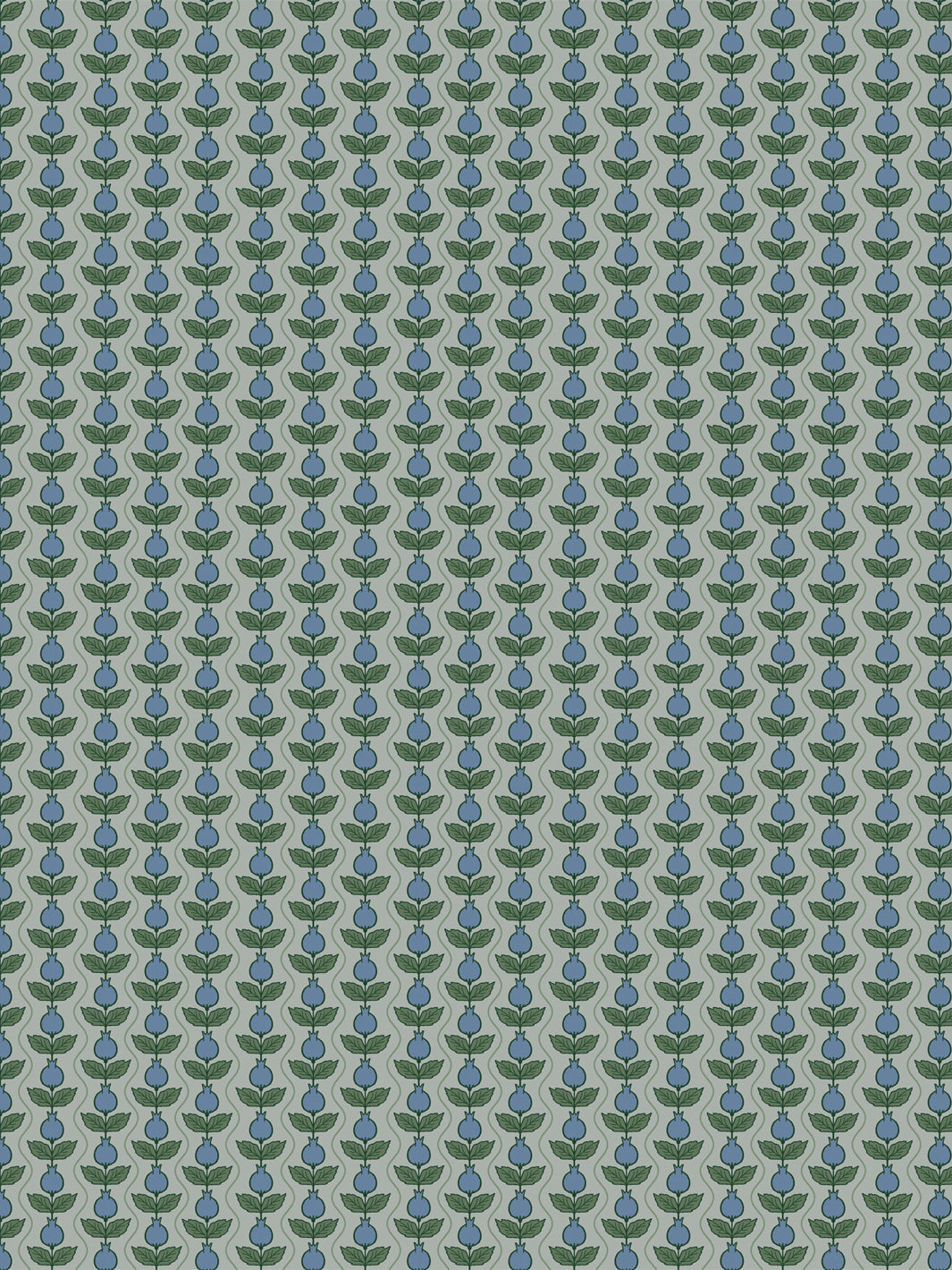 Pomara Bloom wallpaper in Overcast Garden: slate-blue pomegranates and dark green leaves on grey-sage