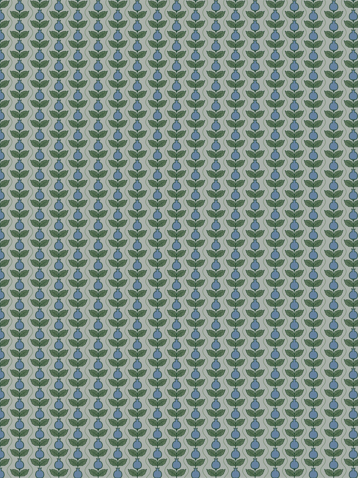 Pomara Bloom wallpaper in Overcast Garden: slate-blue pomegranates and dark green leaves on grey-sage