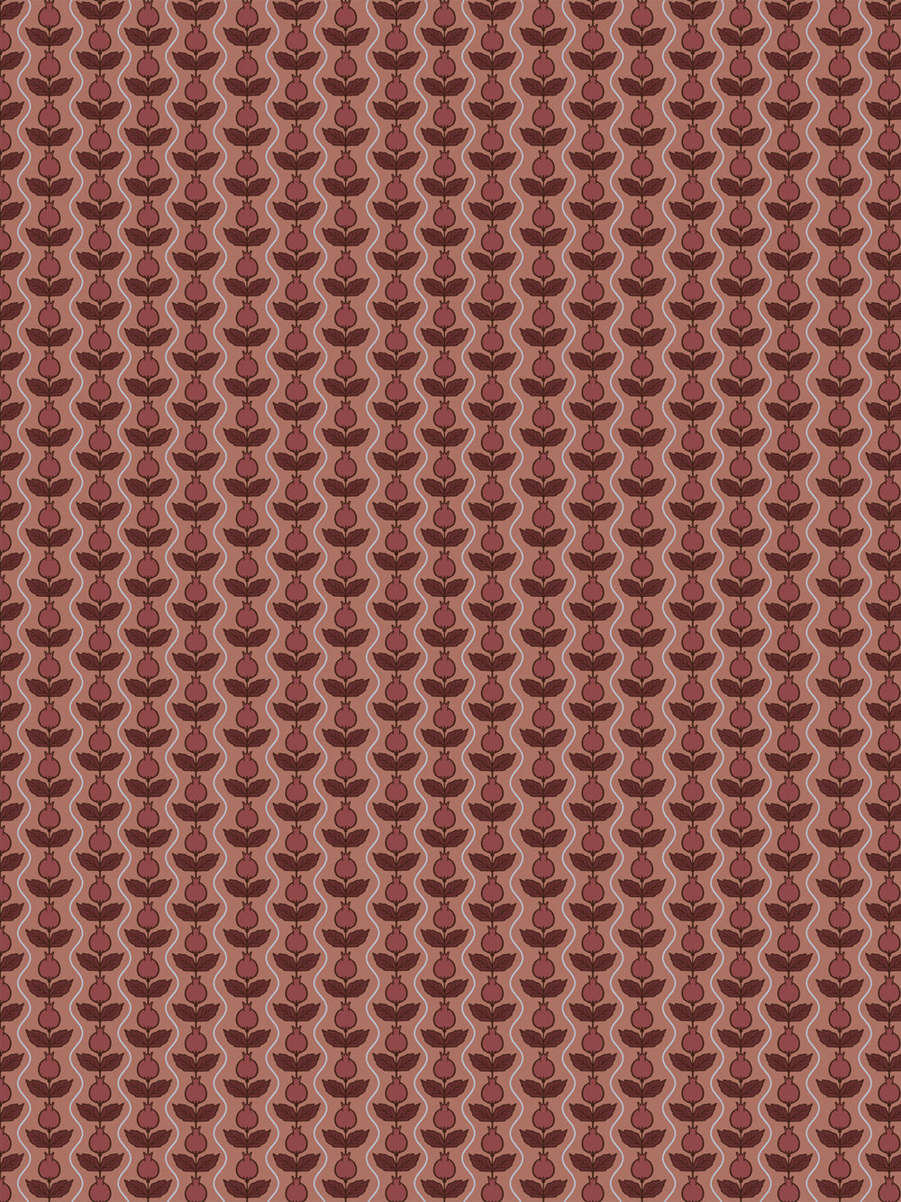Pomara Bloom wallpaper in Painted Clay: wine pomegranates and maroon leaves on a terracotta ground