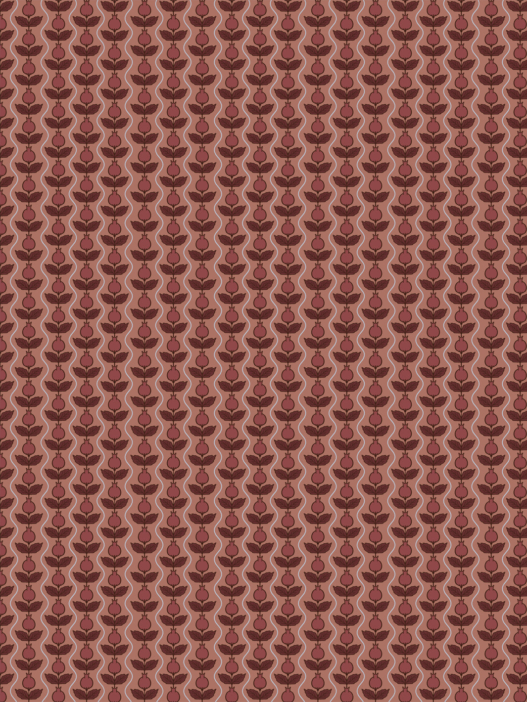 Pomara Bloom wallpaper in Painted Clay: wine pomegranates and maroon leaves on a terracotta ground