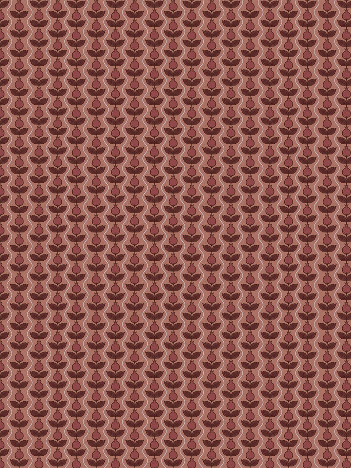 Pomara Bloom wallpaper in Painted Clay: wine pomegranates and maroon leaves on a terracotta ground