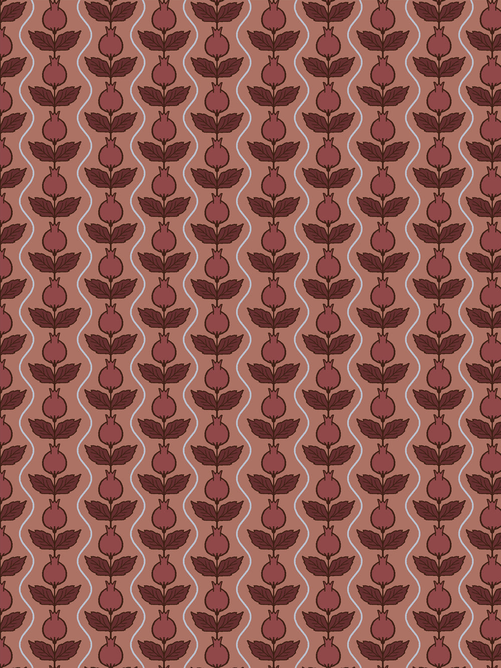 Close crop of deep brick-wine pomegranate columns on muted terracotta clay-rose